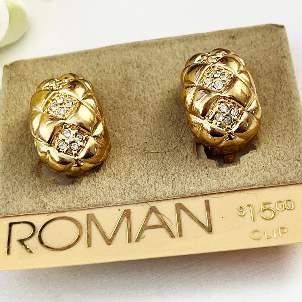 90's Vintage Roman Gold Tone Quilted with Rhinestones Clip Earrings